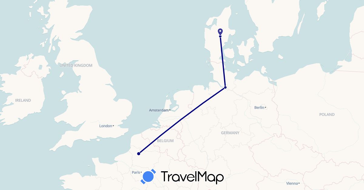 TravelMap itinerary: driving in Germany, Denmark, France (Europe)